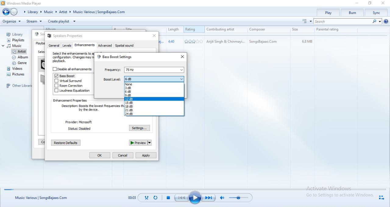 bass boost in windows media player